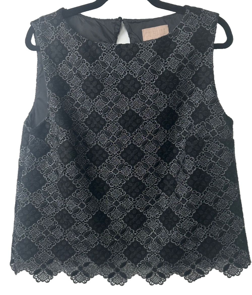 CURETÉ 10 Black & Metallic Silver Geometric Sleeveless Blouse Silk Lined E13